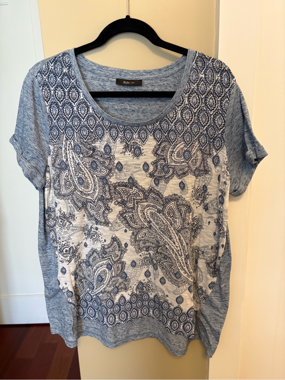 Style & Co. Light Blue and White Paisley Short-Sleeve Top